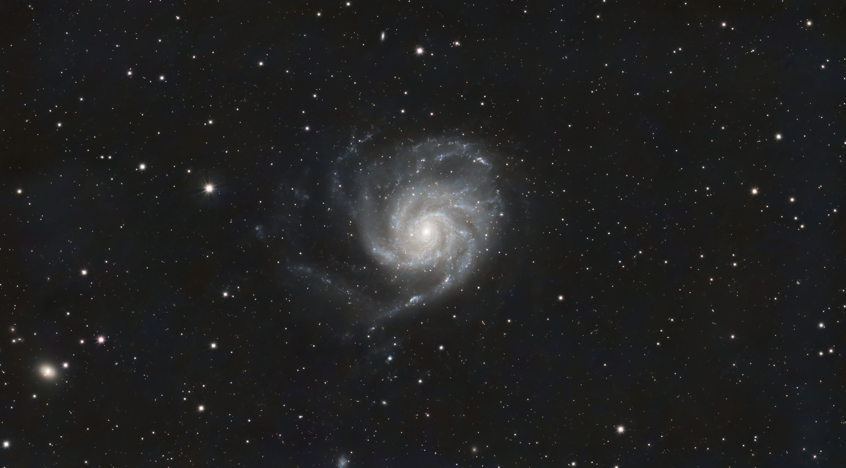 Face-on spiral galaxy with a bright core and sweeping pale arms in the upper right of a star field