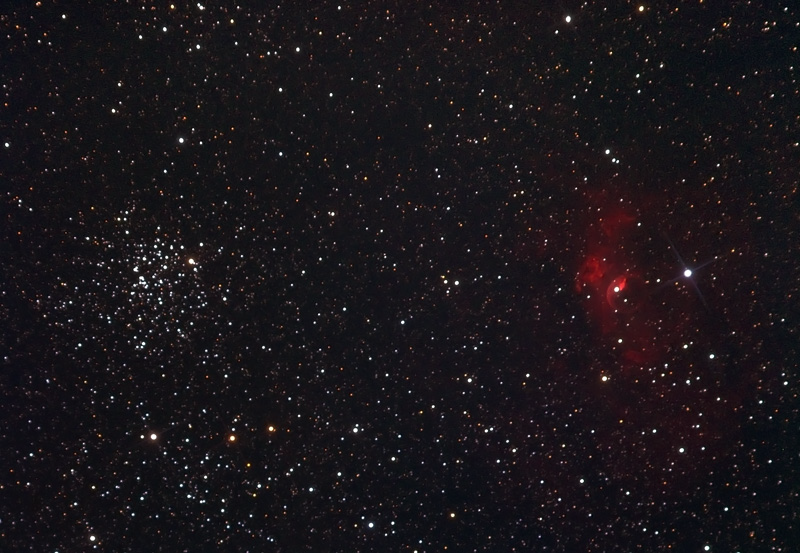 Rich open star cluster at left with a small, faint red nebula at right