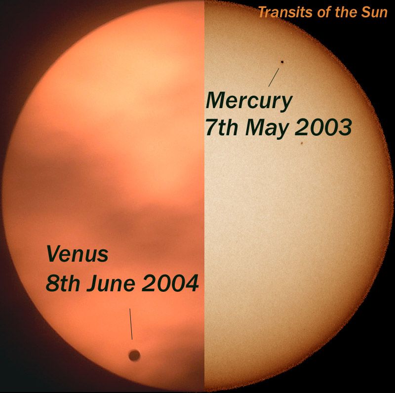Composite of two halves of the Sun, labelled Venus 8th June 2004 and Mercury 7th May 2003, each showing a small dark planet disc